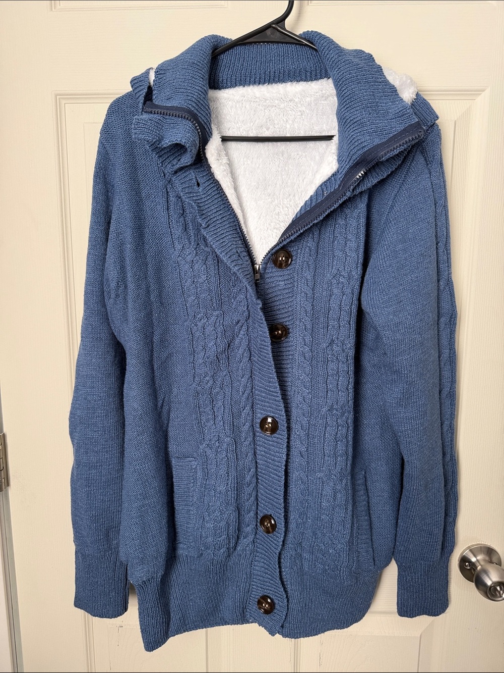 Women’s Dusty Blue Hooded Cable Knit Cardigan Sweater